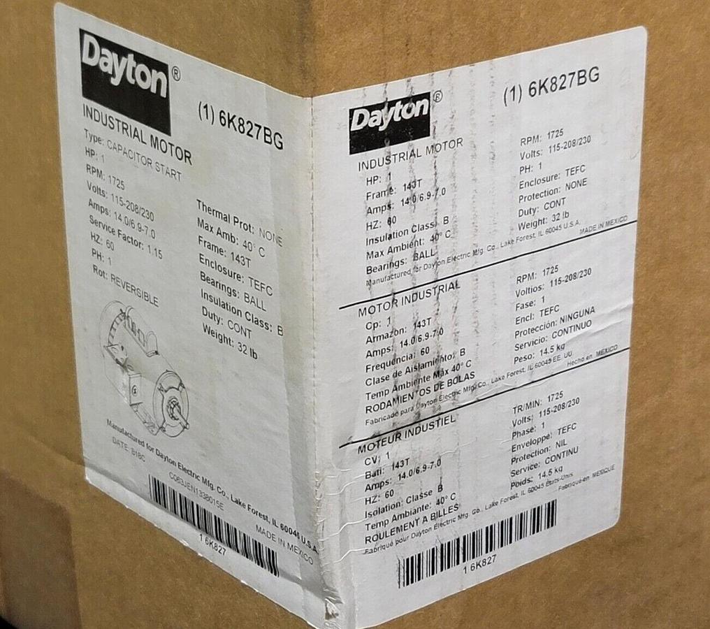 Used NEW DAYTON 6K827BG INDUSTRIAL MOTOR 1HP 60Hz 1PHASE 6K827