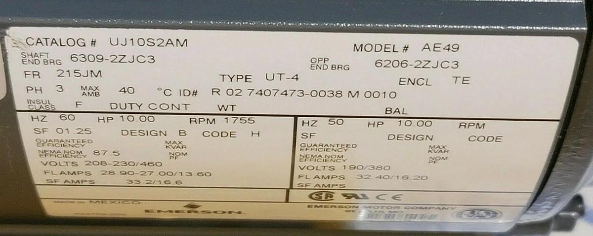 Used NIB US MOTORS UJ10S2AM MOTOR 10HP, 1755 RPM, TYPE: UT4, 208-230/460 & 190/380V