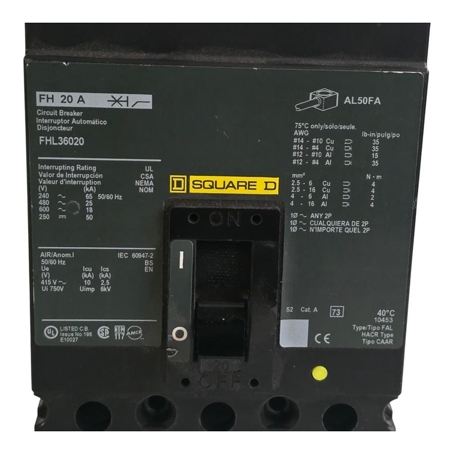 Used Square D FHL36020 Molded Case Circuit Breaker | 20A 3-Pole 600V F-Frame NSNP