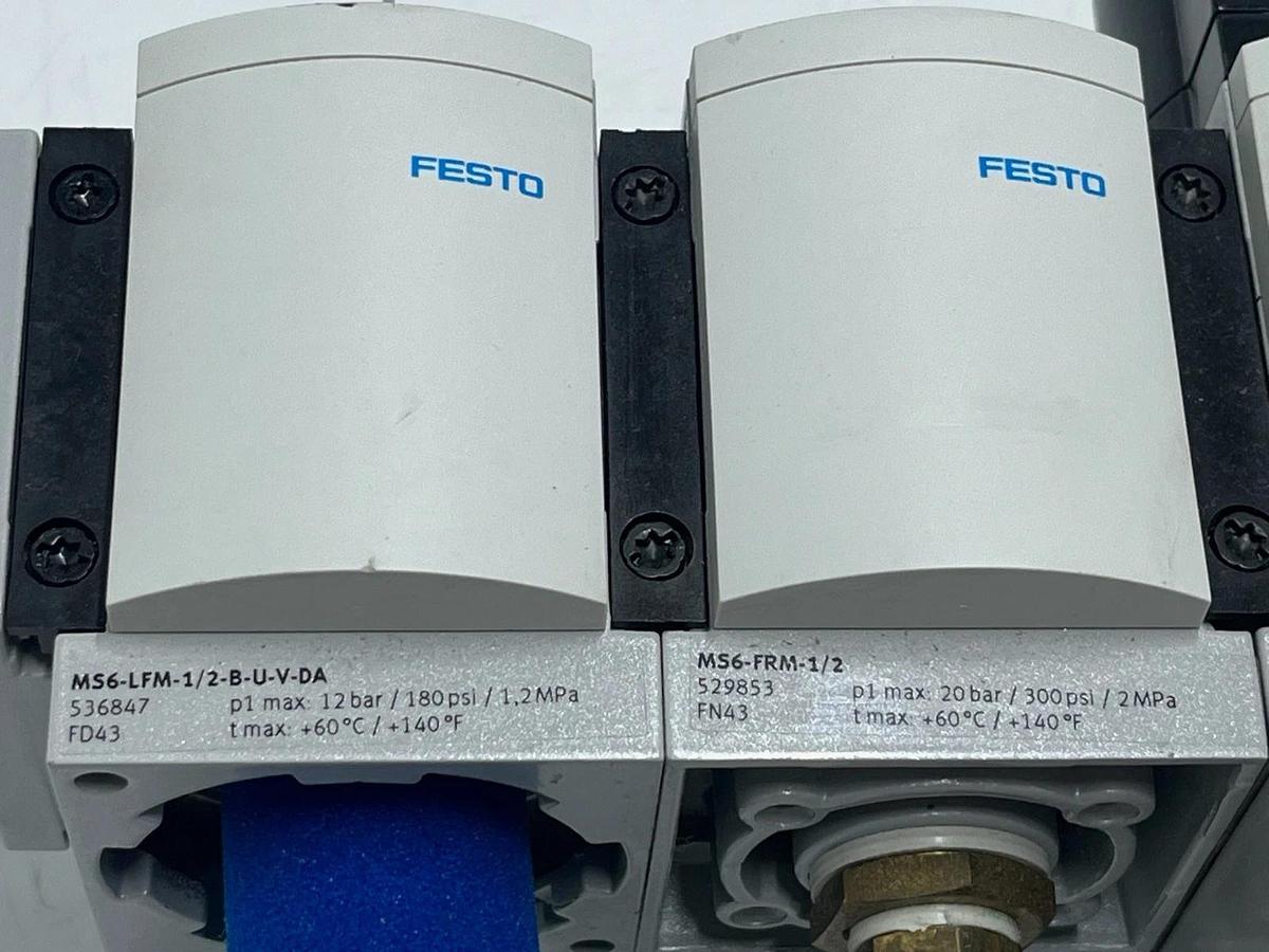 Used Festo MS6 Pneumatic Assembly: MS6-SV-1/2 Safety Valve + MS6-LFM Filter + MS6-FRM