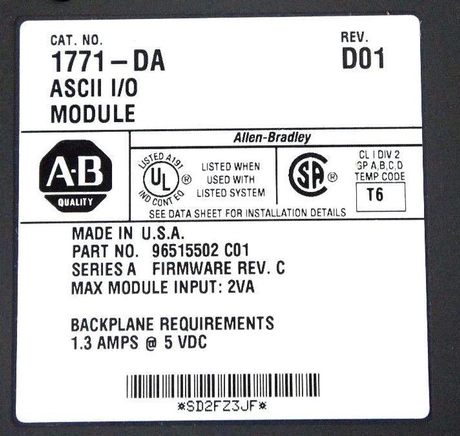 Used NIB ALLEN BRADLEY 1771-DA ASCII I/O MODULE SER. A, CAT REV. D01, F/W REV. C