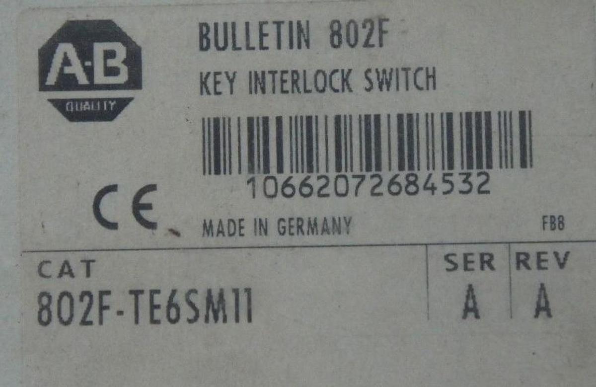 Used NEW ALLEN BRADLEY 802F-TE6SM11 SAFETY INTERLOCK SWITCH SER. A REV. A W/O KEY
