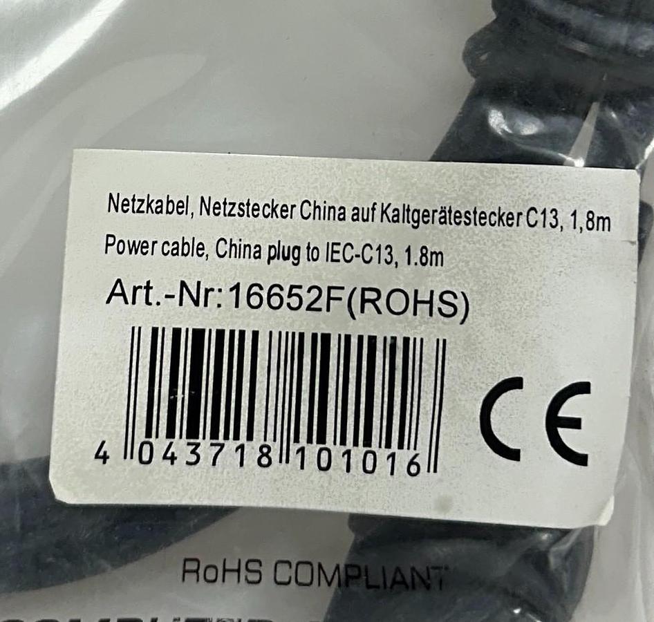 Used 2 INLINE 16652F POWER CABLES CHINA PLUG TO IEC-C13 1.8M LENGTH NSMP
