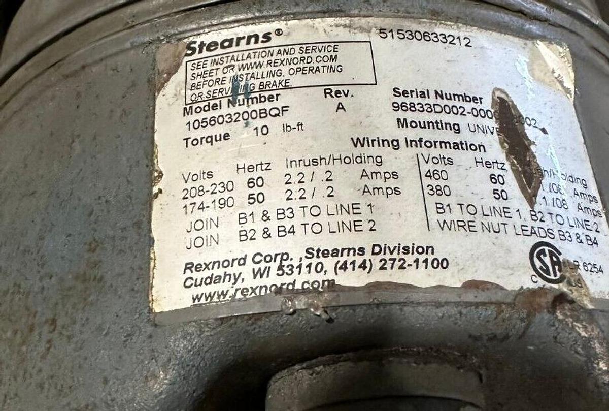 Used SIEMENS 1LA01444SB21 PE-21 PLUS MOTOR 1HP R6ZESDB W/ STEARNS 105603200BQF BRAKE