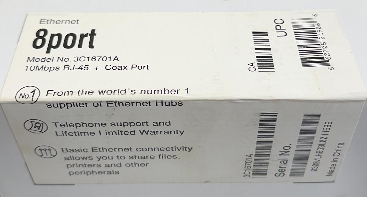 Used NEW 3COM 3C16701A / 8PORT 10Mpbs RJ-45 + COAX PORT EtherNet HUB 8-PORT NSMP