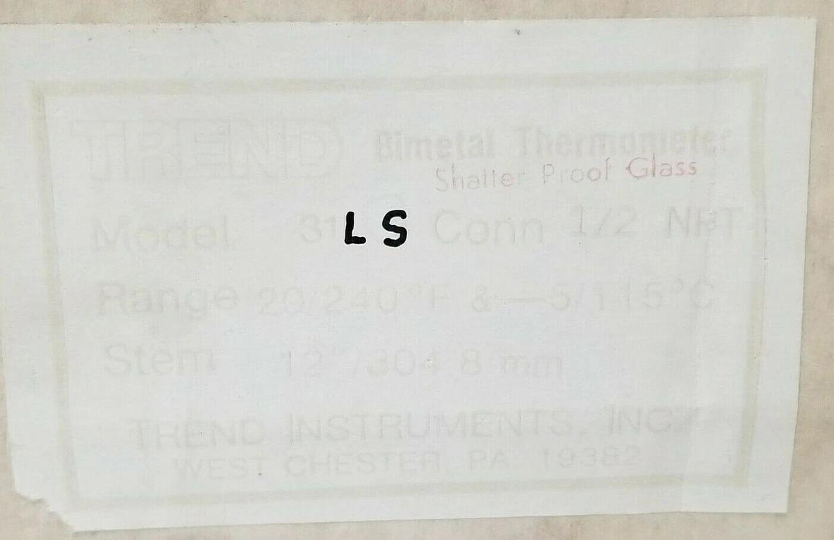 Used NIB TREND INSTRUMENTS MODEL 31LS THERMOMETER 12'' STEM 304.8mm 20-240 DEG. F