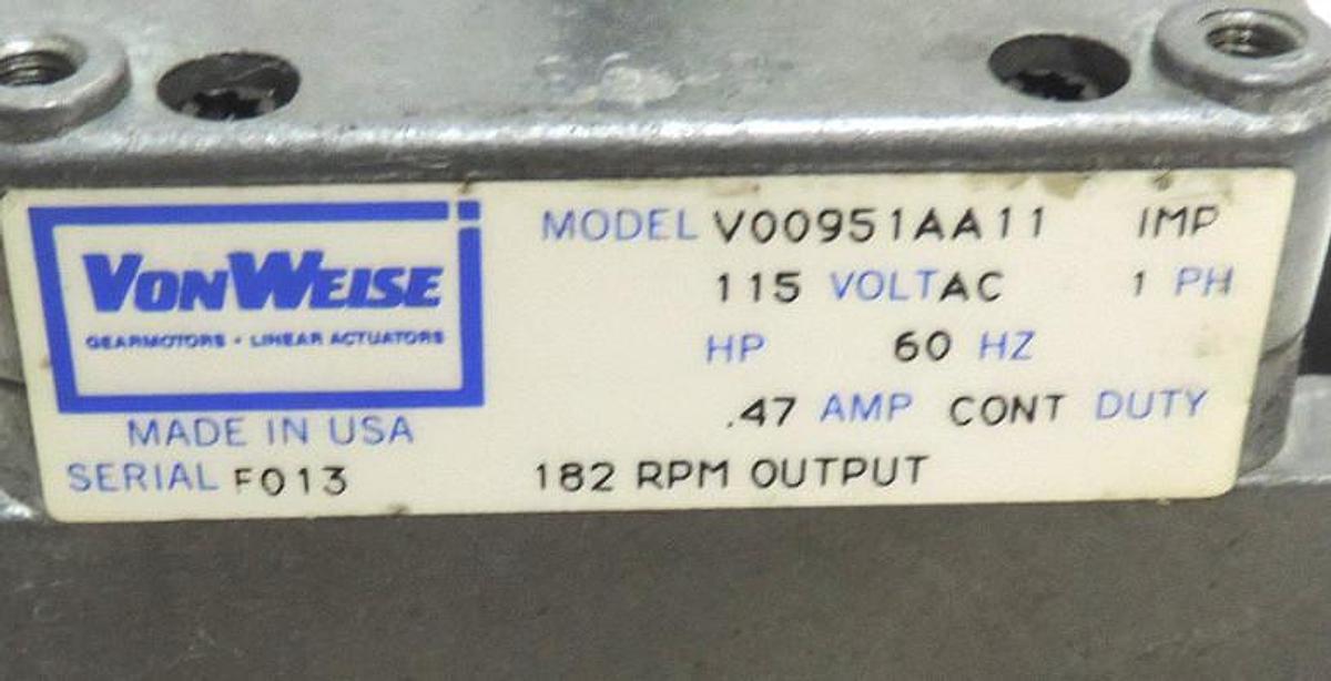 Used VONWEISE V00951AA11 LINEAR ACTUATOR GEAR MOTOR 115V AC, 1PH, 60HZ, .47A, 182RPM