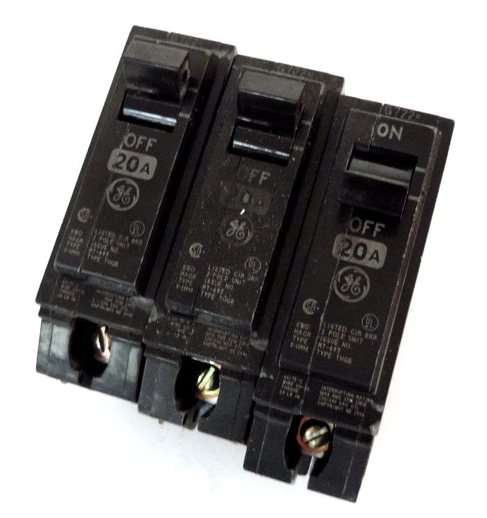 Used LOT OF 3 GENERAL ELECTRIC TYPE RT-693 CIRCUIT BREAKERS TYPE THQB, 1P, 20A