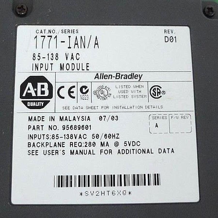 Used ALLEN BRADLEY 1771-IAN/A SER. A, REV. D01 INPUT MODULE 85-138VAC, 95689601