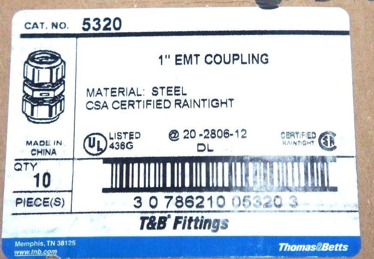 Used BOX OF 15 NEW THOMAS & BETTS 5320 1" EMT COUPLINGS