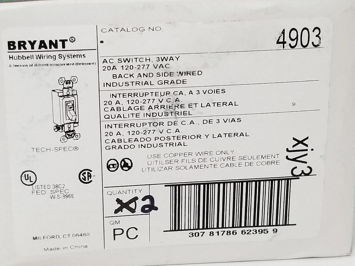 Used BOX OF 2 NEW BRYANT 4903 3-WAY AC SWITCHES 20A, 120-277VAC
