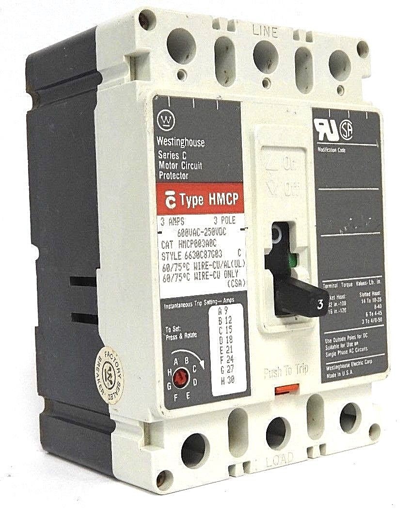 Used WESTINGHOUSE HMCP003A0C CIRCUIT BREAKER S# 6630C87G03, 3 AMPS, SERIES C