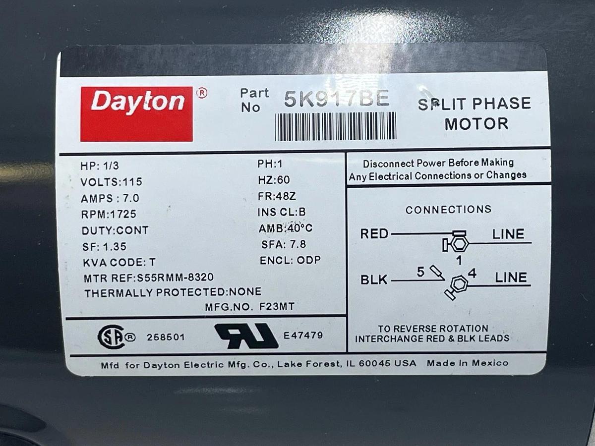 Dayton 5K917BE Split Phase Motor 1/3 HP 1725 RPM 115V 48Z Frame ODP