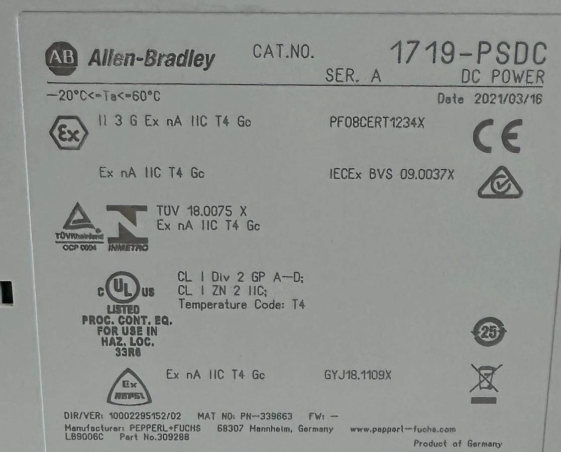 Used ALLEN BRADLEY 1719-PSDC /A EX I/O INTRINSICAL DC POWER SUPPLY 1719PSDC