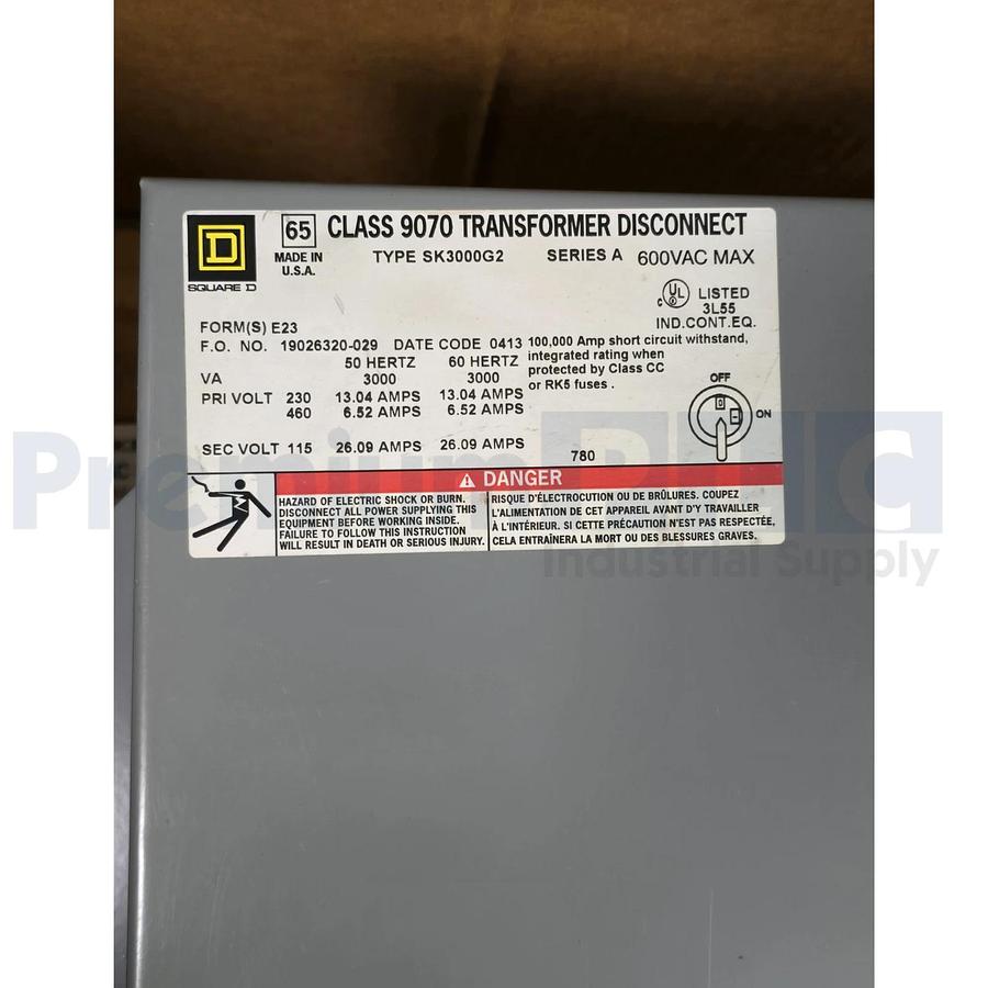 SQUARE D 9070SK3000G2D1E23 9070 TRANSFORMER DISCONNECT 3kVA PRI.240x480V NSMP