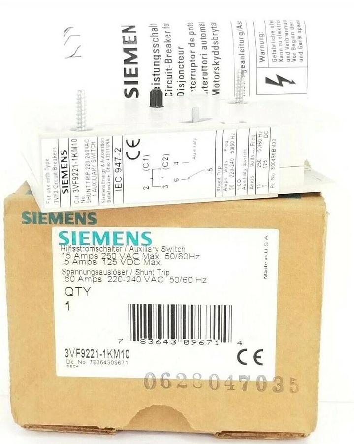 Used NIB SIEMENS 3VF9221-1KM10 AUXILIARY SWITCH / SHUNT TRIP 220-240VAC 50/60HZ