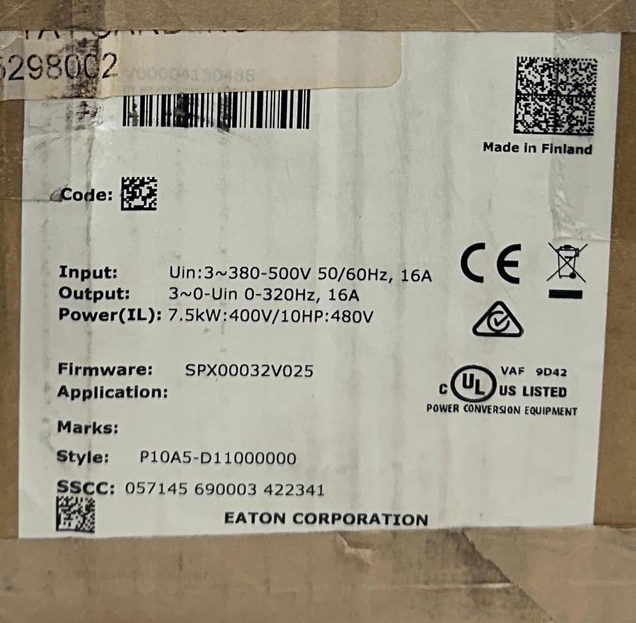 Used EATON SPX007C1-4A1B1 / SPX007C14A1B1 SPX9000 FREQUENCY DRIVE 7.5kW/10HP 3PH NSMP