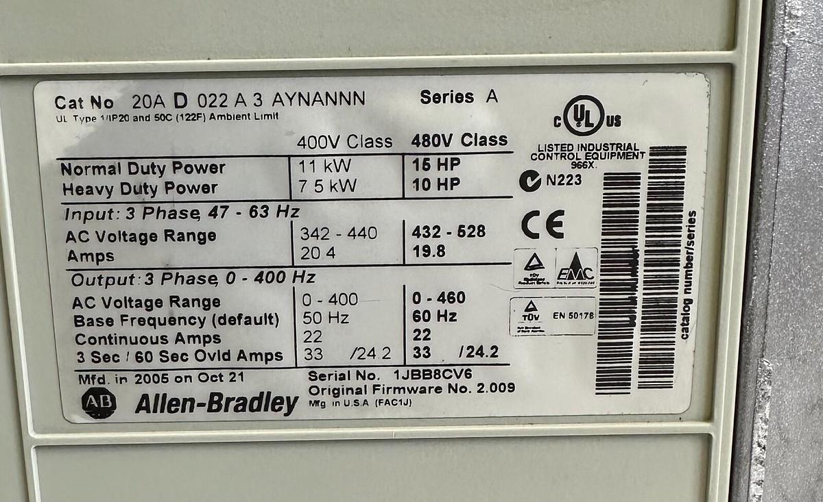 Used ALLEN BRADLEY 20AD022A3AYNANNN /A PowerFlex 70 AC DRIVE 11kW/15HP 432-528V 19.8A