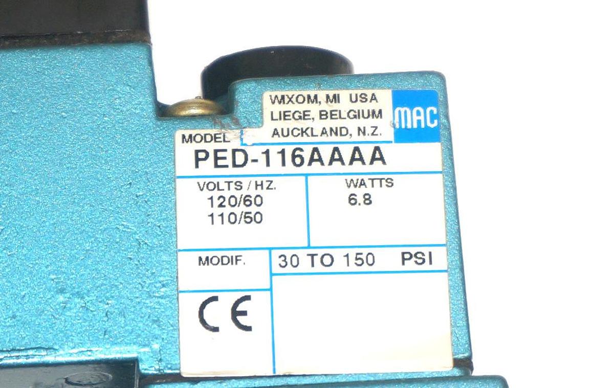 Used MAC 55B-12-PE-116AA VALVE W/ PED-116AAAA, 6.8 WATTS, 30 TO 150 PSI