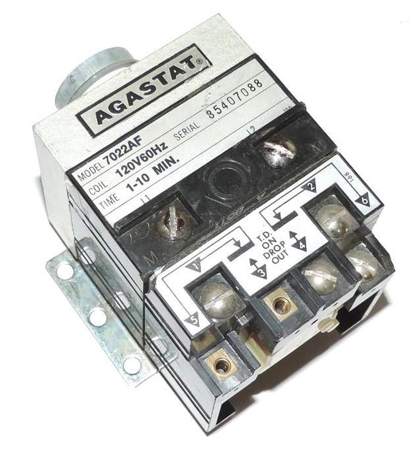 Used LOT OF 4 AGASTAT 7022AF TIME DELAY RELAYS, 120 V, 60 HZ, 1-10 MINUTES, W/O DIALS