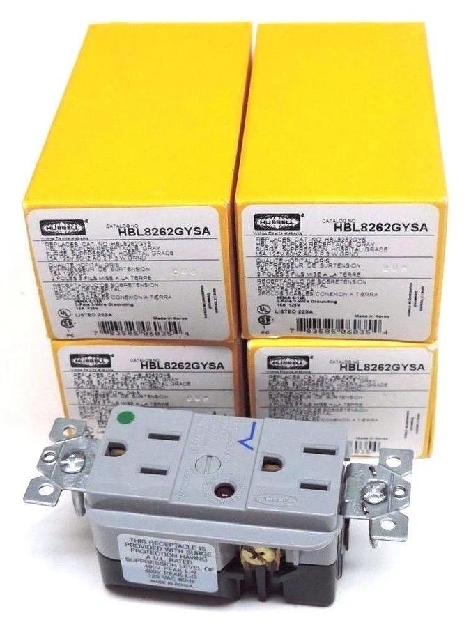 Used LOT OF 4 NIB HBL8262GYSA HUBBELL DUPLEX RECEPTACLE 15A, 125V, 60HZ AC, 2P 3W GND