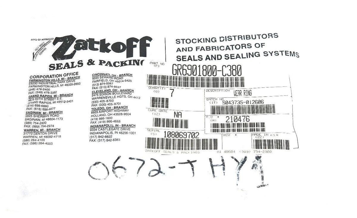 Used LOT OF 7 NEW ZATKOFF GR6901800-C380 WEAR RINGS GR6901800C380