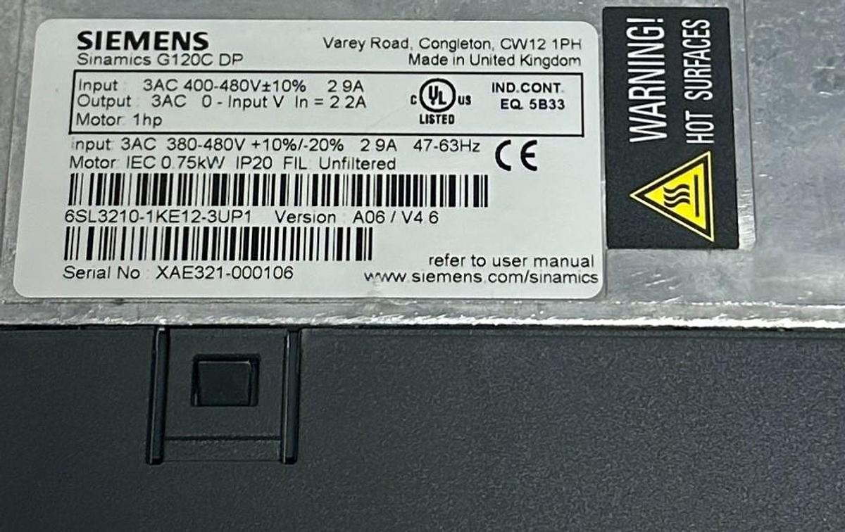 Used SIEMENS 6SL3210-1KE12-3UP1 / 6SL32101KE123UP1 SINAMICS G120C DP DRIVE 1HP NSMP
