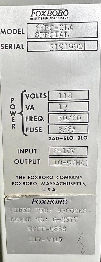 Used FOXBORO 66RC-0LA / 66RC0LA SPECIAL DYNAMIC COMPENSATOR CONTROLLER M/66R 66RC-OLA