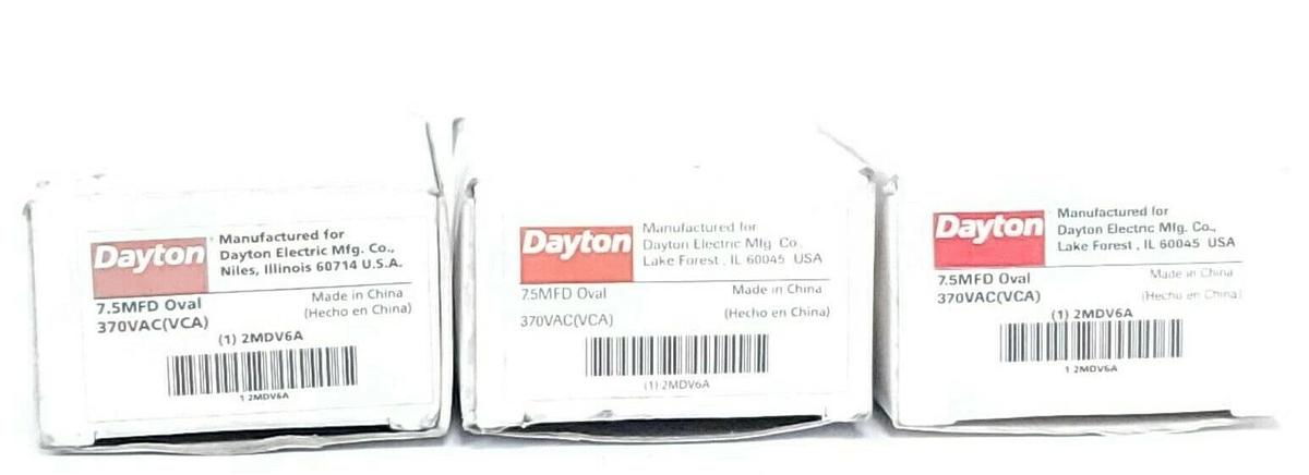 Used LOT OF 3 NIB DAYTON 2MDV6A CAPACITORS 7.5MFD OVAL 370VAC (VCA) 60/50HZ