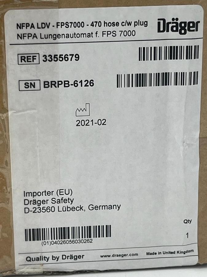 Drager Draeger FPS7000 NFPA Lung Demand Valve (LDV) 470 Hose c/w plug - 3355679