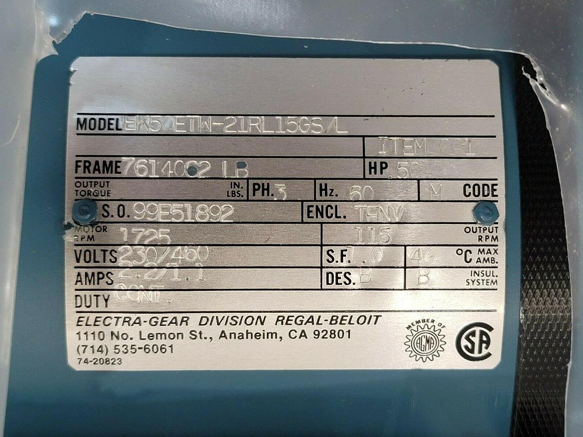 NIB ELECTRA-GEAR EK50ETW-21RL15GS/L GEAR REDUCER W/ 21RL15GS/L