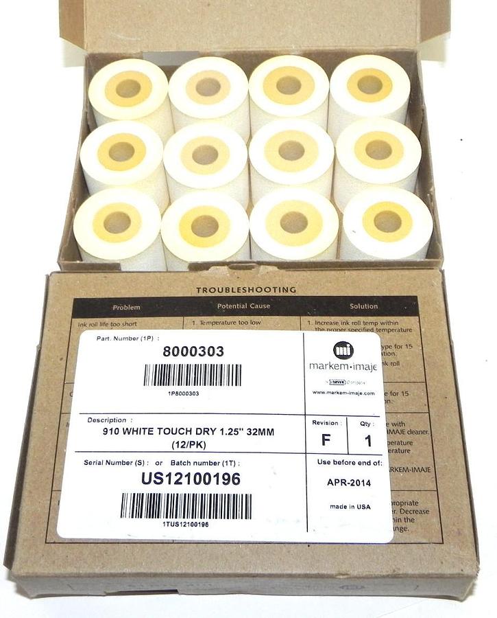 Used NIB MARKEM-IMAJE 8000303, 910 WHITE TOUCH DRY 1.25'' 32MM (12/PKG)