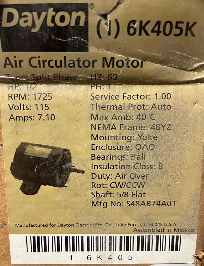 Used Dayton 6K405K Air Circulator Motor 1/4 HP 115V 1100RPM 48YZ Frame OSC/NON-OSC