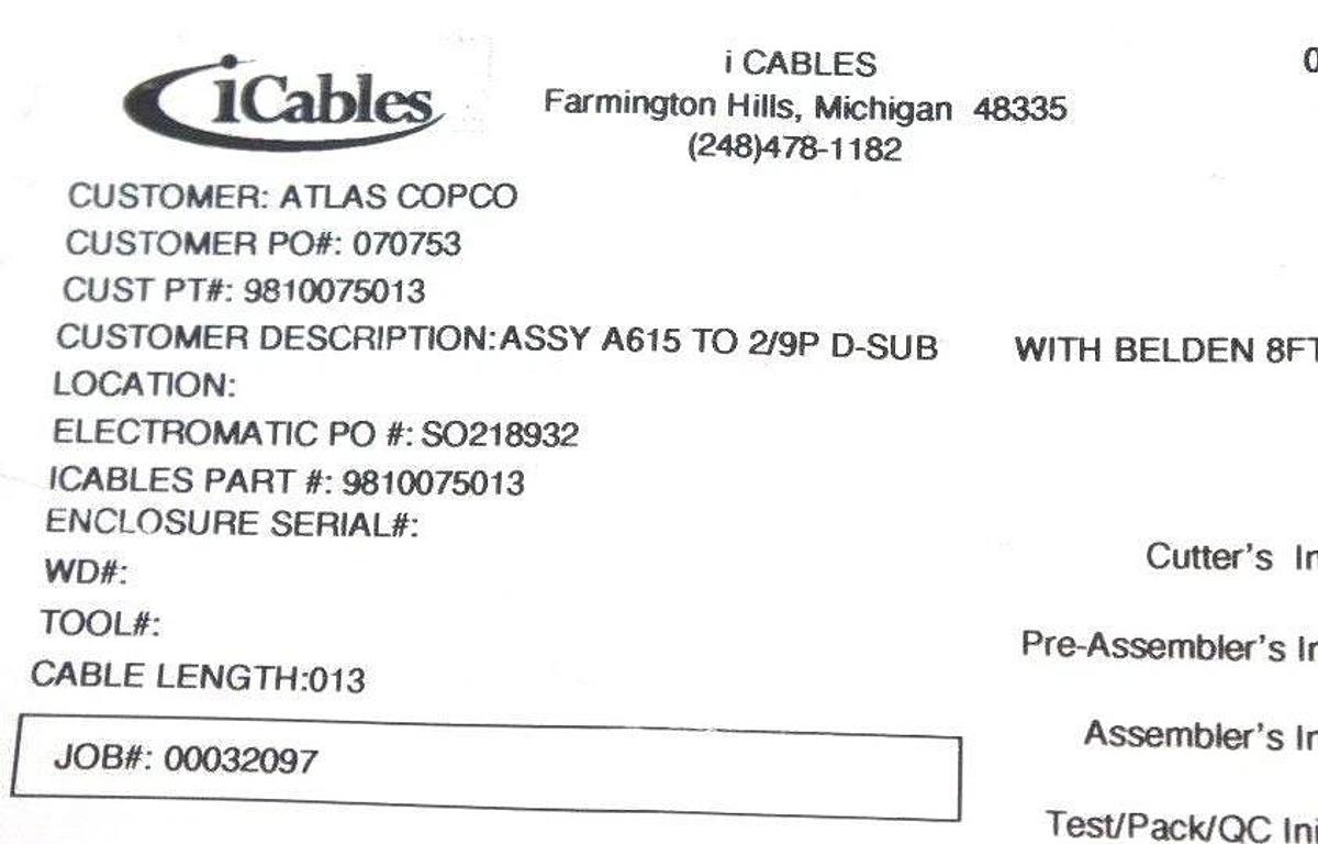 Used NEW ATLAS COPCO 9810075013 CABLE ASSEMBLY A615 TO 2/9P
