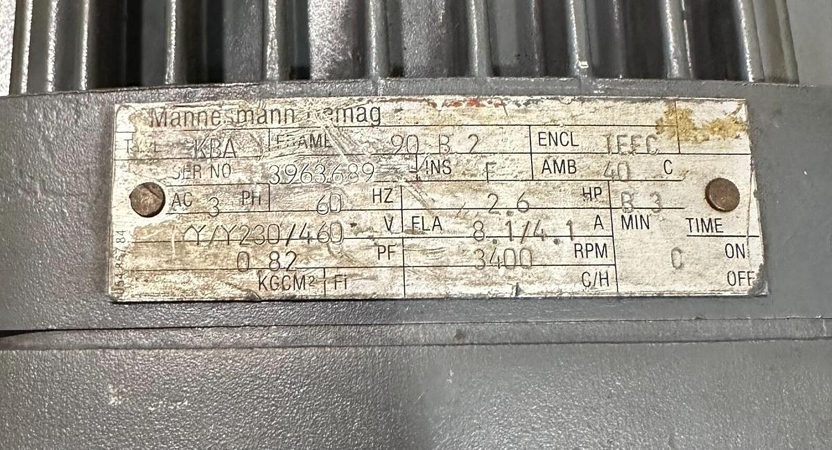 Used REPAIRED MANNESMANN DEMAG KBA 90 B2 / KBA90B2 MOTOR 2.6HP 3PH 60Hz