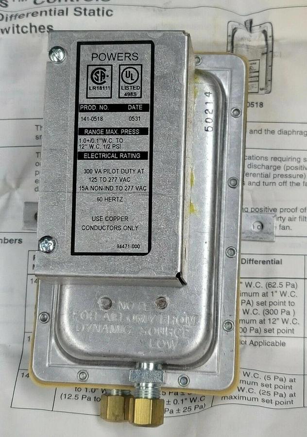 Used NIB POWERS 141-0518 AIR FLOW SWITCH 1410518