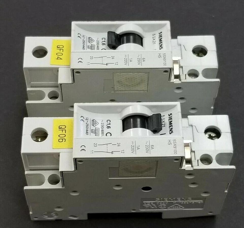 Used LOT OF 2 SIEMENS 5SX21-C1-6 CIRCUIT BREAKERS W/ 5SX9100-HS CONTACT BLOCKS