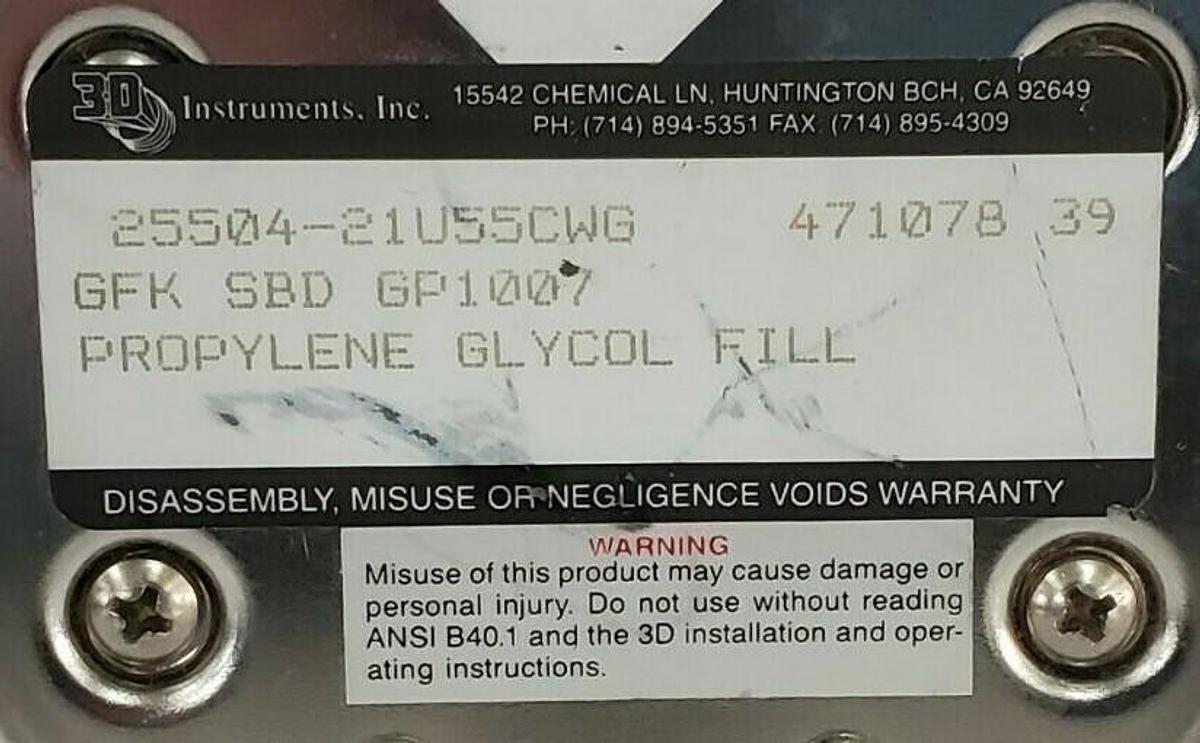 Used 3D INSTRUMENTS 25504-21U55CWG PRESSURE GAUGE, GFK SBD GP1007, 471078 39, 0-15PSI