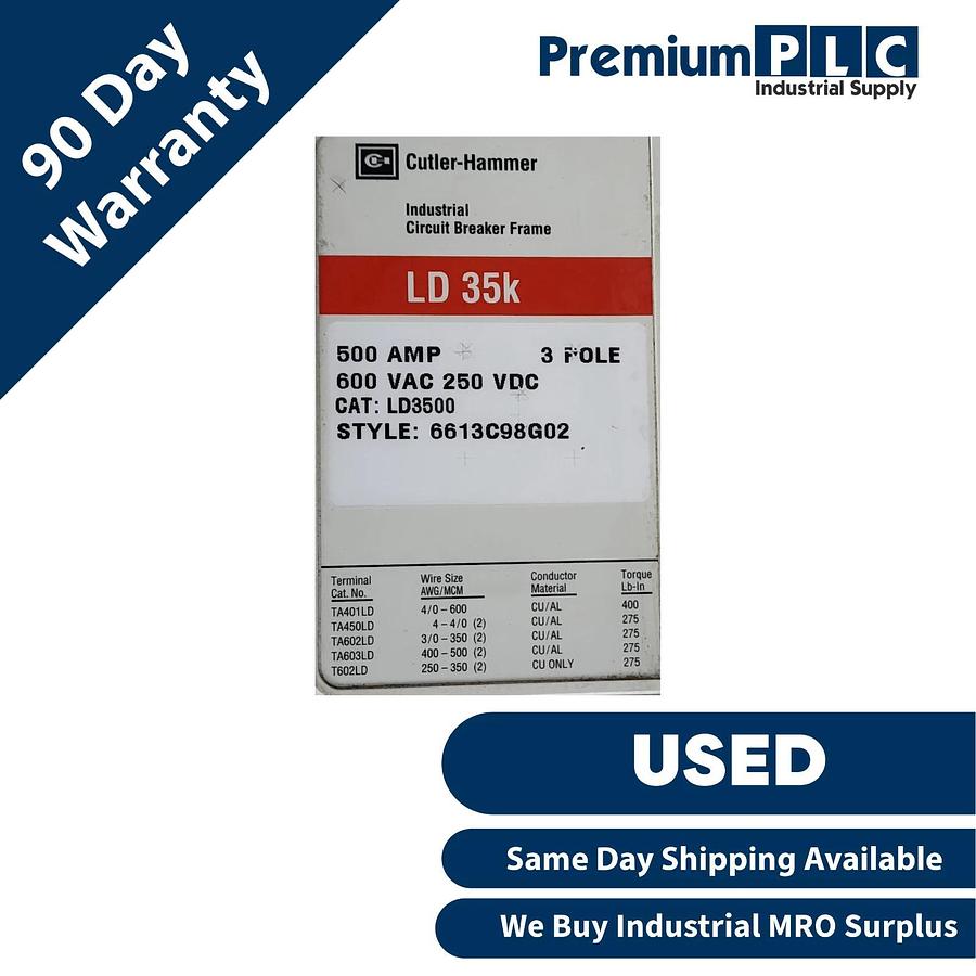 Used CUTLER-HAMMER LD3500 (6613C98G02) 3P 500A LD35k CIRCUIT BREAKER W/LT3500T TRIP