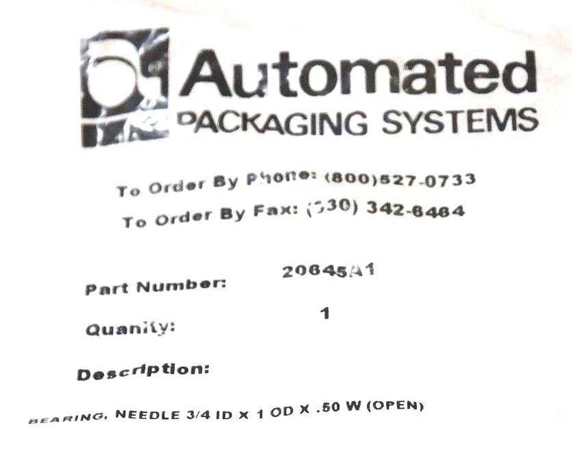 Used NEW AUTOMATED PACKAGING SYSTEMS 20645A1 NEEDLE BEARING 3/4 ID X 1 OD X 50 W