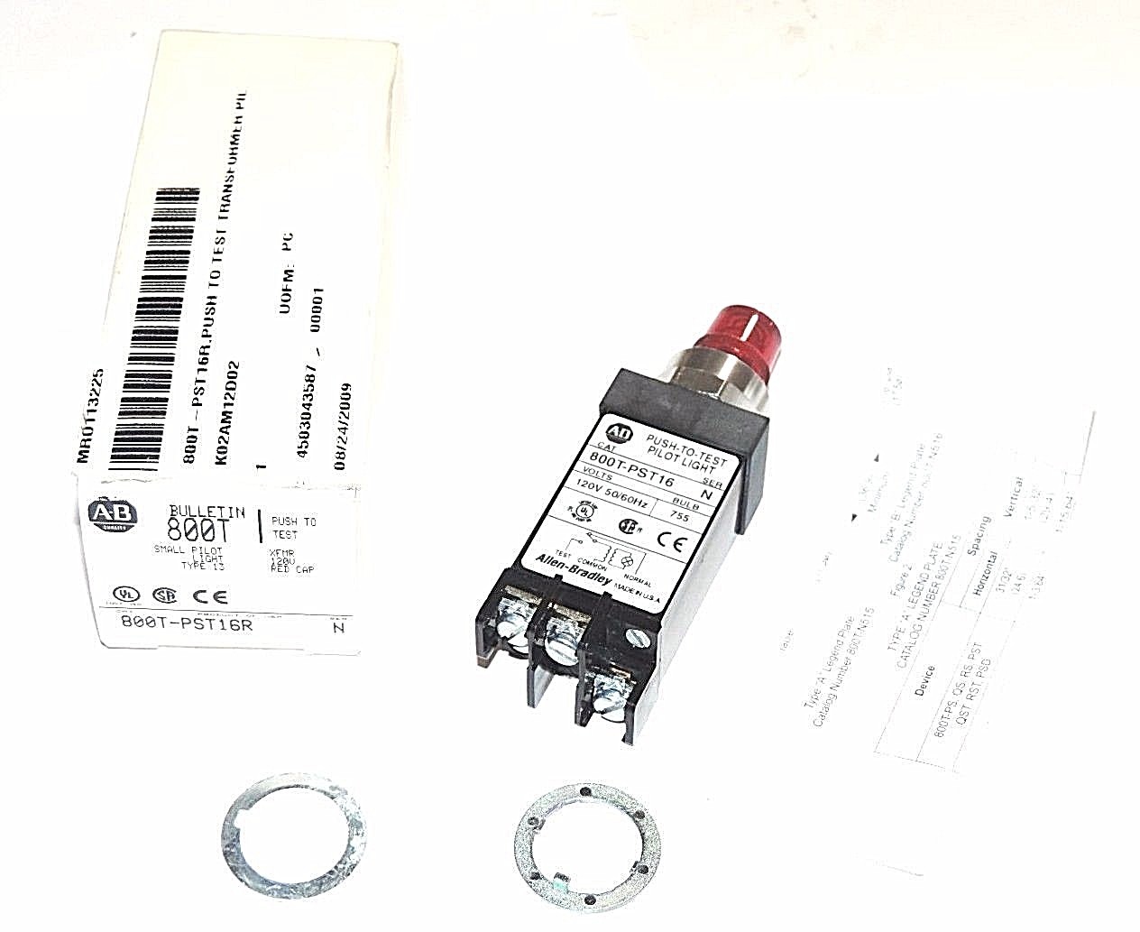 Used NEW ALLEN BRADLEY 800T-PST16R SMALL PILOT LIGHT, TYPE 13, SER N, 120 V, 50/60 HZ