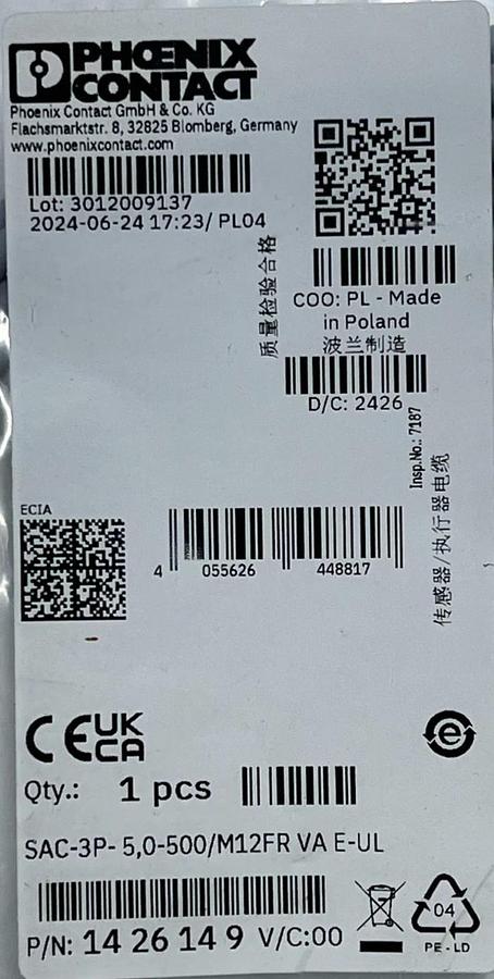 Used Phoenix Contact 1426149 SAC-3P-5,0-500/M12FR VA E-UL Sensor/Actuator Cable 5m