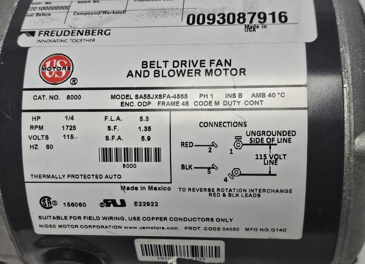 NEW US MOTORS SA55JXSFA-4865 BELT DRIVE FAN AND BLOWER MOTOR CAT. NO. 8000