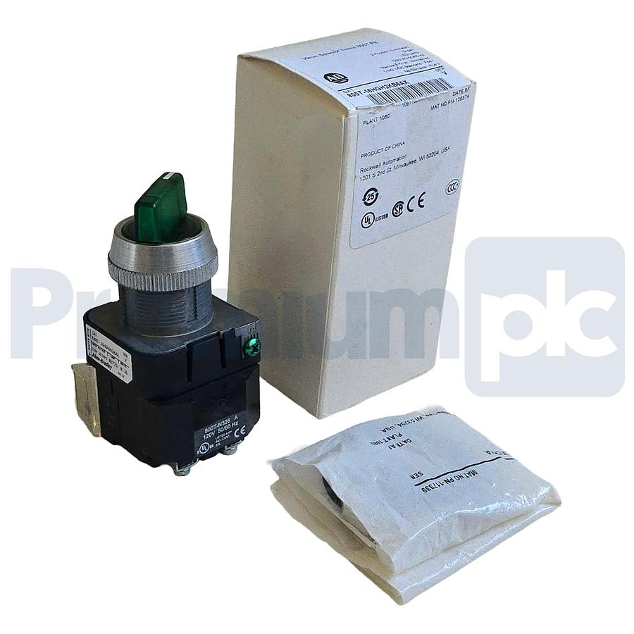Used Allen-Bradley 800T-16HGH2KB6AX /V Selector Switch 30mm 2-Pos Green LED 120V NSMP
