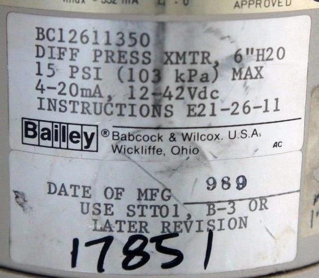 Used BAILEY BC12611350 DIFF PRESSURE TRANSMITTER 6"H2O W/ 25710006IWG TRANSDUCER 9/39