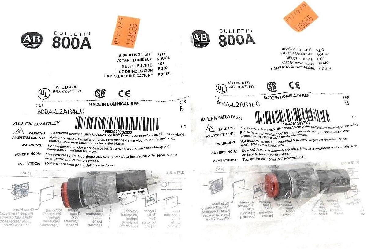 Used LOT OF 2 NEW ALLEN BRADLEY 800A-L2AR4LC INDICATING LIGHTS RED SER. B