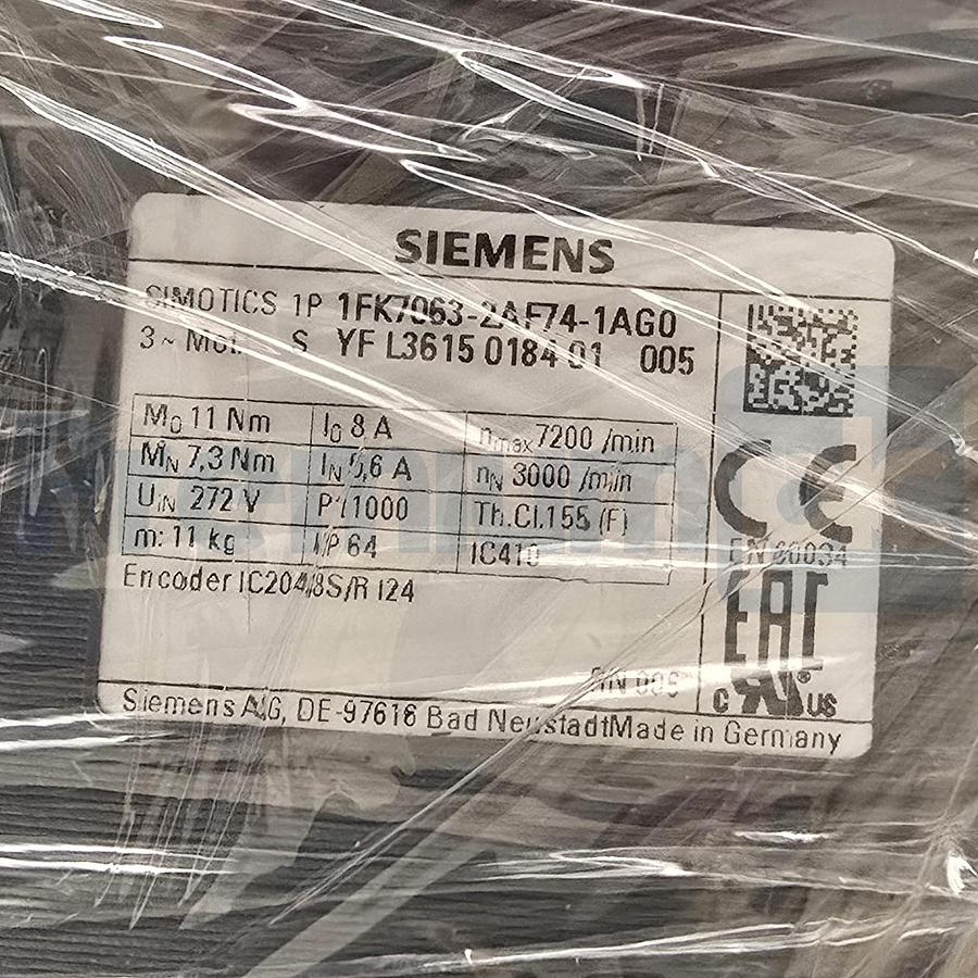 Used Siemens 1FK7063-2AF74-1AG0 SIMOTICS S Servo Motor 2.3kW 3000RPM 7.3Nm IP64 NSMP