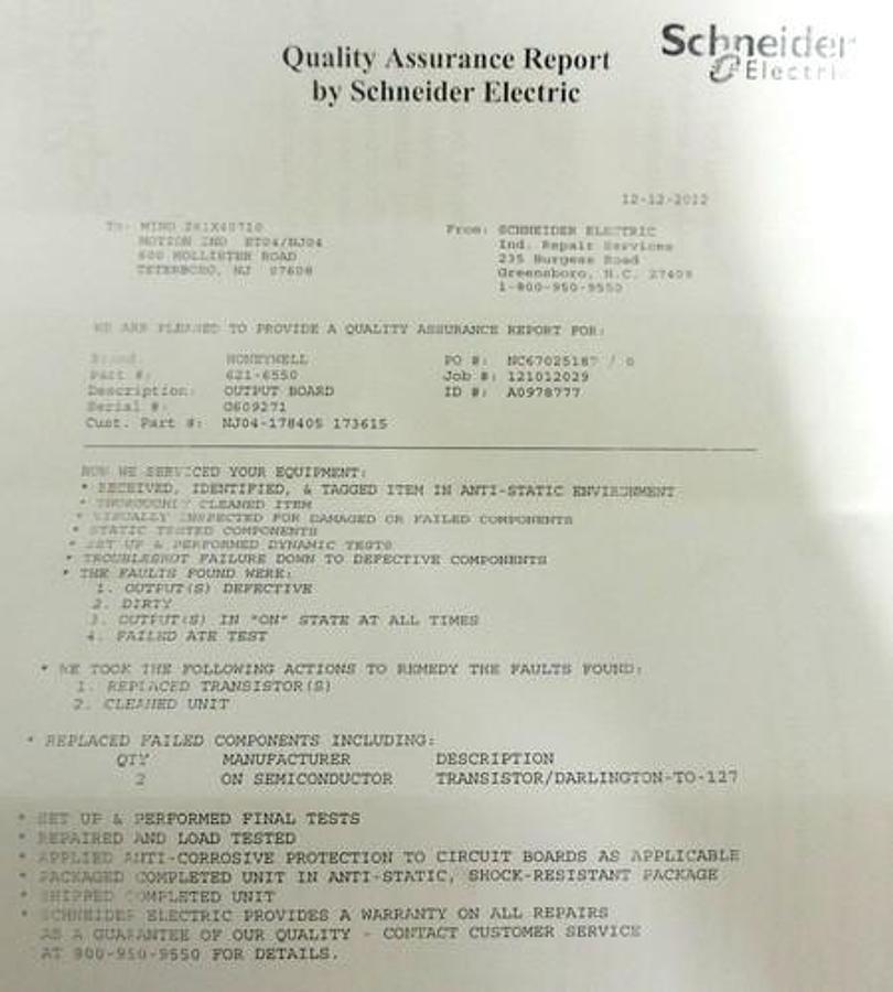 Used HONEYWELL 621-6550 OUTPUT BOARD MODULE 24VDC 6216550 QUALITY ASSURANCE REPORT
