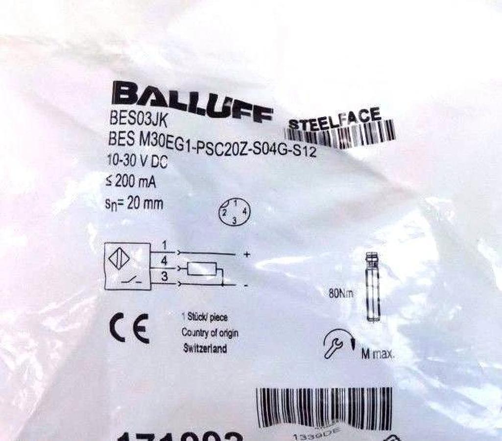Used NIB BALLUFF BES M30EG1-PSC20Z-S04G-S12 INDUCTIVE SENSOR 10/30VDC, 20MM, BES03JK