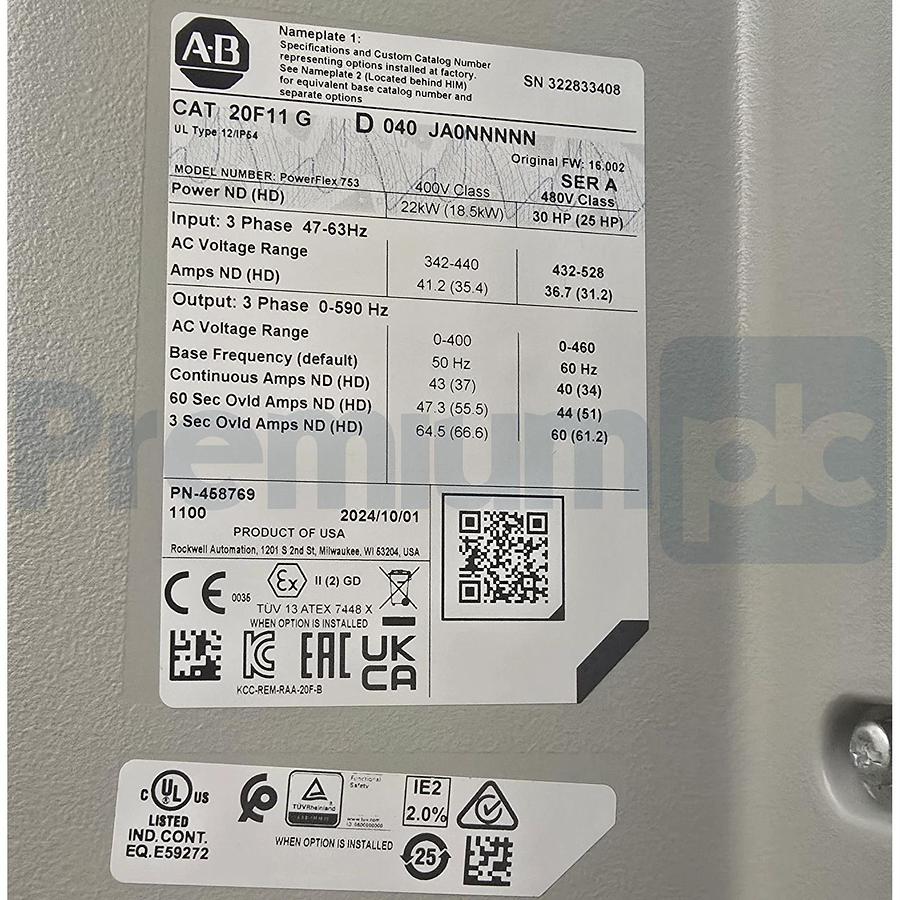 Surplus Allen Bradley 20F11GD040JA0NNNNN /A PowerFlex 753 VFD Drive 480V 30HP